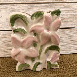 Vintage pink floral porcelain wall pocket